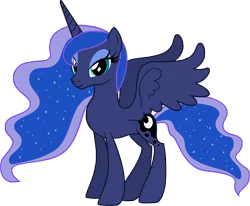 Size: 6169x5073 | Tagged: safe, artist:andoanimalia, derpibooru import, princess luna, alicorn, pony, absurd resolution, ethereal mane, female, mare, missing accessory, simple background, smiling, solo, spread wings, starry mane, transparent background, vector, wings