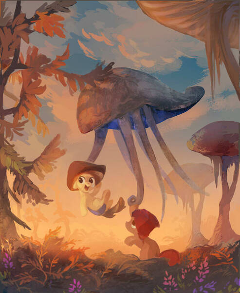 Size: 733x892 | Tagged: safe, artist:tomatocoup, derpibooru import, pony, cloud, foal, giant mushroom, grass, morrowind, mushroom, netch, scenery, sky, surreal, the elder scrolls, tree