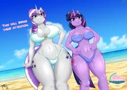 Size: 3507x2480 | Tagged: suggestive, alternate version, artist:tatemil, derpibooru import, twilight sparkle, twilight velvet, anthro, unicorn, art pack:summer milf paradise, beach, big breasts, breasts, busty twilight sparkle, busty twilight velvet, clothes, disproportional anatomy, female, females only, gilf, huge breasts, milf, mother and child, mother and daughter, swimsuit, thighs, thunder thighs, unicorn twilight, wide hips