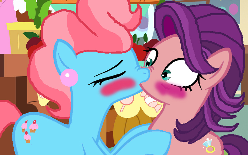 Size: 922x576 | Tagged: safe, artist:bobthelurker, artist:ktd1993, artist:rizonomi, derpibooru import, cup cake, spoiled rich, pony, blushing, female, infidelity, kissing, lesbian, shipping, spoiledcake