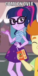 Size: 512x1022 | Tagged: safe, derpibooru import, edit, edited screencap, screencap, sci-twi, twilight sparkle, equestria girls, equestria girls series, street magic with trixie, spoiler:eqg series (season 2), animated, background human, caption, cropped, eyes closed, gif, gif with captions, glasses, grin, image macro, impact font, juice, juice box, lidded eyes, loop, magic, meme, ponytail, smiling, smirk, smug, smuglight sparkle, solo focus, text