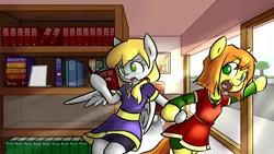 Size: 2732x1536 | Tagged: safe, artist:spheedc, derpibooru import, oc, oc:scarlet sky, oc:sweet corn, unofficial characters only, earth pony, pegasus, semi-anthro, bipedal, book, bookshelf, bookstore, clothes, digital art, female, glass, holding hooves, inception, mare, reading, smiling, sun ray, window