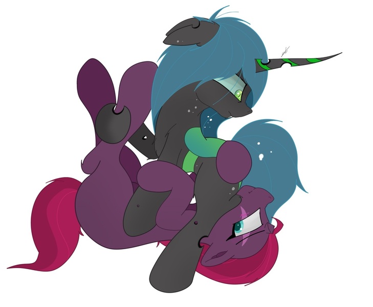 Size: 1584x1304 | Tagged: suggestive, artist:groomlake, derpibooru import, fizzlepop berrytwist, queen chrysalis, tempest shadow, changeling, changeling queen, pony, unicorn, blushing, broken horn, colored, crack shipping, eye scar, faceful of ass, facesitting, female, females only, horn, lesbian, lying down, mare, presenting, scar, shipping, simple background, sitting, spots, stupid sexy chrysalis, teasing, tempalis, virgin, white background