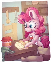 Size: 3942x4828 | Tagged: safe, artist:cutepencilcase, derpibooru import, pinkie pie, earth pony, pony, semi-anthro, apron, baking, book, bottle, clothes, digital art, dough, female, flour, hoof hold, jar, mare, measuring cup, rolling pin, smiling, solo, table, whisk, wooden spoon