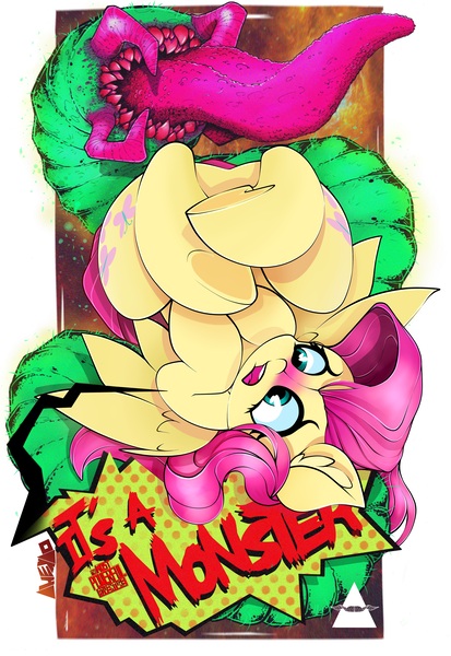 Size: 4503x6542 | Tagged: semi-grimdark, artist:ahekao, derpibooru import, fluttershy, pegasus, pony, comic:the most powerful adventure, absurd resolution, converted, female, long tongue, mare, monster, open mouth, tongue out, underhoof