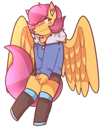 Size: 671x812 | Tagged: anthro, artist:treesters, cheek fluff, clothes, coat, comic:ponytale, cute, cutealoo, derpibooru import, ear fluff, female, neck fluff, oc, oc:ponytale scootaloo, safe, sans (undertale), scootaloo, simple background, solo, spread wings, transparent background, undertale, unguligrade anthro, wings