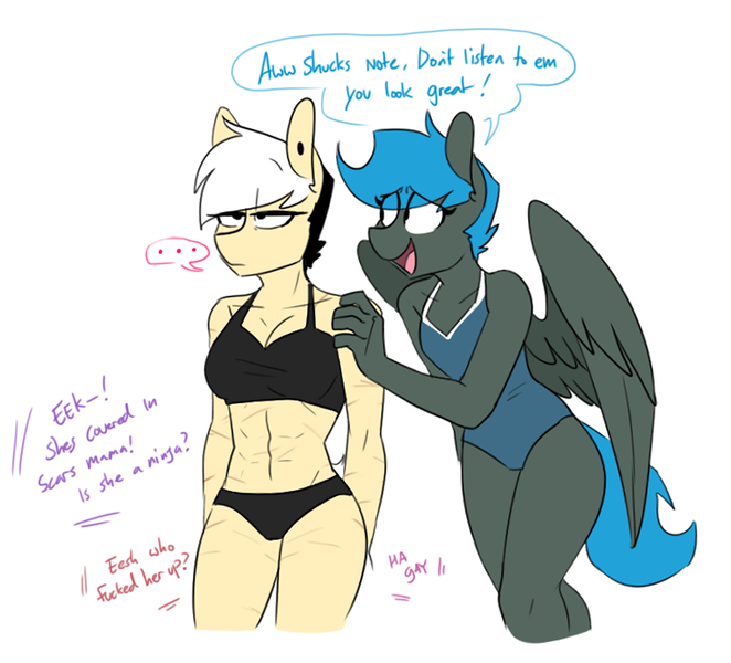 Size: 764x692 | Tagged: suggestive, artist:redxbacon, derpibooru import, oc, oc:jade shine, oc:note clip, unofficial characters only, anthro, earth pony, pegasus, ..., abs, anthro oc, bikini, breasts, clothes, female, midriff, one-piece swimsuit, open mouth, scar, simple background, swimsuit, white background