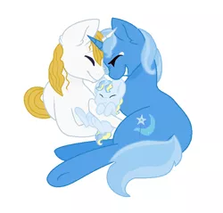 Size: 712x680 | Tagged: safe, artist:galaxy-sparkle, derpibooru import, prince blueblood, trixie, oc, oc:blue star, pony, unicorn, :<, baby, baby pony, bluetrix, cute, diatrixes, ear fluff, eyes closed, family, female, foal, frown, grin, hug, male, mare, nose wrinkle, nuzzling, ocbetes, offspring, parent:prince blueblood, parent:trixie, parents:bluetrix, prone, shipping, simple background, smiling, stallion, straight, underhoof, white background