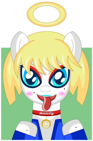Size: 3133x4724 | Tagged: safe, artist:nupiethehero, derpibooru import, oc, oc:mandy the angel, angel, anime style, blonde, blonde hair, blue jacket, blue lipstick, blushing, clothes, collar, crossover, cute, dog collar, eyeshadow, halo, happy, jacket, makeup, moles, red eyeshadow, tales of series, tales skits, tongue out
