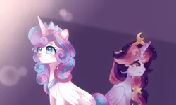 Size: 1920x1152 | Tagged: safe, artist:moon-rose-rosie, derpibooru import, princess flurry heart, oc, oc:celestial moon, alicorn, pony, alicorn oc, cousins, crown, crying, female, horn, jewelry, magical lesbian spawn, mare, offspring, older, older flurry heart, parent:rainbow dash, parent:twilight sparkle, parents:twidash, regalia, wings