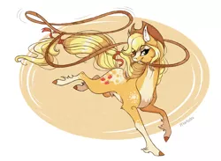 Size: 2578x1886 | Tagged: safe, artist:marbola, derpibooru import, applejack, earth pony, pony, appaloosa, chest fluff, cowboy hat, dappled, ear fluff, female, hat, mare, mouth hold, pale belly, redesign, rope, smiling, solo, unshorn fetlocks