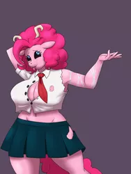 Size: 1200x1600 | Tagged: suggestive, artist:lurking tyger, derpibooru import, pinkie pie, anthro, armpits, big breasts, breasts, busty pinkie pie, clothes, female, mina ashido, my hero academia, smiling, solo, solo female, tongue out, torn clothes