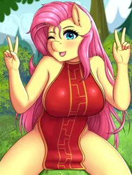 Size: 2019x2689 | Tagged: suggestive, artist:twistedscarlett60, derpibooru import, fluttershy, anthro, bat pony, pegasus, big breasts, blushing, bottomless, braless, breasts, busty fluttershy, cheongsam, chinese dress, clothes, dress, ear fluff, female, flutterbat, mare, nature, no bra underneath, no panties, no underwear, one eye closed, open mouth, outdoors, partial nudity, peace sign, race swap, shoulder fluff, solo, solo female