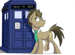 Size: 2721x1976 | Tagged: safe, artist:tehshockwave, derpibooru import, doctor whooves, time turner, earth pony, pony, doctor who, male, necktie, signature, simple background, smiling, solo, stallion, tardis, white background