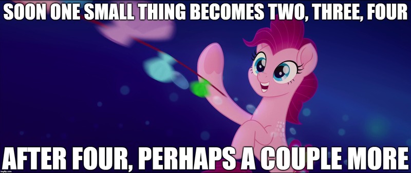 Size: 1920x808 | Tagged: caption, derpibooru import, edit, edited screencap, image macro, meme, my little pony: the movie, one small thing, pinkie pie, safe, screencap, seaponified, seapony (g4), seapony pinkie pie, song reference, species swap, text