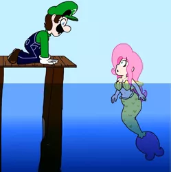 Size: 1445x1450 | Tagged: safe, artist:cailauniverse, derpibooru import, fluttershy, human, mermaid, seapony (g4), equestria girls, clothes, crossover, crossover shipping, female, fin wings, gloves, hasbro, hasbro studios, hat, looking at each other, luigi, luigishy, male, mermaid tail, mermaidized, nintendo, ocean, overalls, pegasus wings, seaponified, seapony fluttershy, seashell bra, shipping, shirt, species swap, straight, super mario bros., undershirt, underwater, water, wings