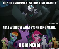 Size: 600x502 | Tagged: safe, derpibooru import, edit, edited screencap, screencap, applejack, fluttershy, pinkie pie, rainbow dash, rarity, spike, storm king, twilight sparkle, alicorn, my little pony: the movie, adventure time, caption, image macro, mane seven, mane six, meme, text, twilight sparkle (alicorn)