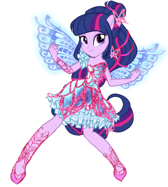 Size: 2250x2500 | Tagged: safe, artist:gihhbloonde, derpibooru import, twilight sparkle, twilight sparkle (alicorn), alicorn, fairy, human, equestria girls, blue wings, butterflix, clothes, crossover, dress, fairy wings, fairyized, female, high heels, humanized, musa, ponied up, pony ears, rainbow s.r.l, shoes, simple background, smiling, solo, transparent background, winged humanization, wings, winx club