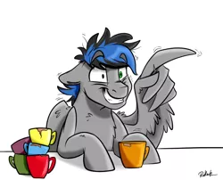 Size: 800x647 | Tagged: safe, artist:rutkotka, derpibooru import, oc, unofficial characters only, pegasus, pony, coffee, coffee mug, commission, male, mug, smiling, solo, stallion, wing hands, wings, ych result