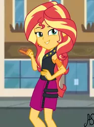 Size: 1633x2210 | Tagged: safe, artist:sparkling-sunset-s08, derpibooru import, edit, sunset shimmer, equestria girls, equestria girls series, street magic with trixie, spoiler:eqg series (season 2), clothes, female, jacket, leather, leather jacket, magic, skirt, smug, smugset shimmer, solo