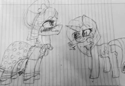 Size: 1024x710 | Tagged: safe, artist:fluffyrainbowkitty, derpibooru import, big macintosh, rarity, pony, crossdressing, female, lined paper, male, monochrome, orchard blossom, rarimac, shipping, sketch, straight, traditional art