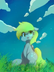 Size: 1536x2048 | Tagged: safe, artist:koto, derpibooru import, derpy hooves, pegasus, pony, cloud, cute, female, grass, mare, open mouth, pixiv, solo