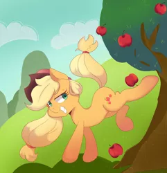 Size: 1973x2048 | Tagged: safe, artist:koto, derpibooru import, applejack, earth pony, pony, apple, apple tree, applebucking, applejack mid tree-buck facing the left with 3 apples falling down, applejack mid tree-buck with 3 apples falling down, applejack's hat, bucking, cowboy hat, falling, female, food, hat, mare, pixiv, smiling, solo, tree