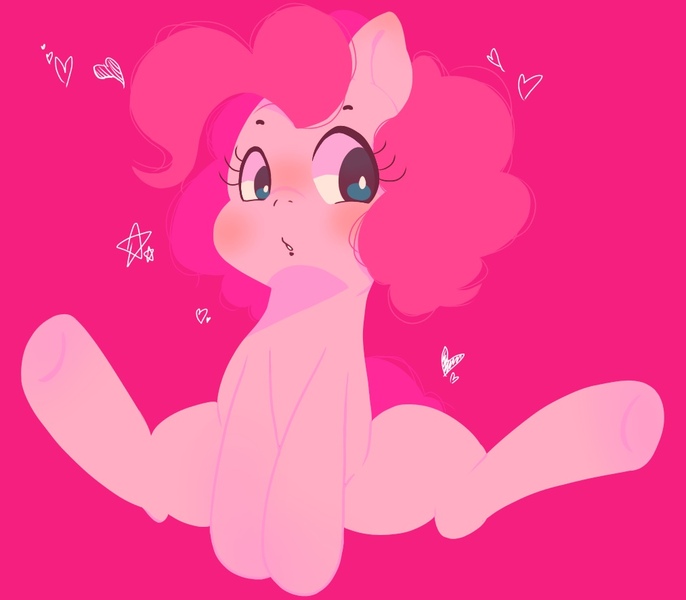 Size: 1013x886 | Tagged: safe, artist:koto, derpibooru import, pinkie pie, earth pony, pony, blushing, bunny sitting, female, looking sideways, mare, pixiv, simple background, solo