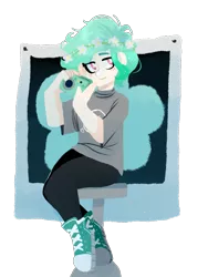 Size: 600x800 | Tagged: artist:galaxiedream, blushing, camera, clothes, converse, cute, derpibooru import, female, floral head wreath, flower, human, humanized, humanized oc, jeans, oc, oc:snap happy, pants, safe, shirt, shoes, simple background, sitting, sneakers, solo, stool, transparent background, t-shirt, unofficial characters only