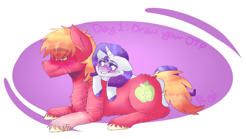 Size: 1125x635 | Tagged: safe, artist:fluffyrainbowkitty, derpibooru import, big macintosh, rarity, pony, blushing, female, male, rarimac, shipping, straight