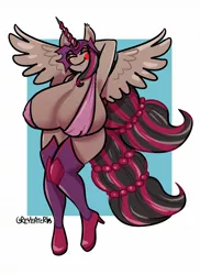 Size: 932x1280 | Tagged: absolute cleavage, alicorn, alicorn oc, anthro, anthro oc, arm behind head, armpits, artist:greyeater, big breasts, blushing, blush sticker, breasts, cleavage, derp, derpibooru import, erect nipples, female, horn, huge breasts, hyper, hyper breasts, impossibly large breasts, nipple outline, oc, oc:disynomia, simple background, solo, solo female, suggestive, unguligrade anthro, unofficial characters only, wings