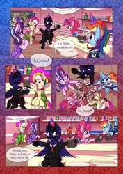 Size: 905x1280 | Tagged: safe, artist:calena, derpibooru import, pinkie pie, rainbow dash, starlight glimmer, oc, oc:jesus, oc:trinity deblanc, earth pony, pegasus, pony, unicorn, birthday, bottle, canon x oc, comic, comic strip, commission, dialogue, drink, drinking, flower, hat, ocs everywhere, party, party hat