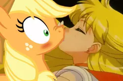 Size: 500x332 | Tagged: applejack, blushing, crossover, crossover shipping, derpibooru import, female, kissing, lesbian, safe, sailor moon, sailor venus, shipping