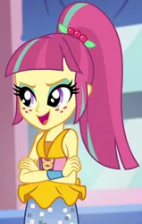 Size: 648x1021 | Tagged: safe, derpibooru import, screencap, sour sweet, dance magic, equestria girls, spoiler:eqg specials, cropped, crossed arms, freckles, open mouth, ponytail, sleeveless, solo