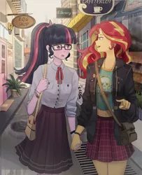 Size: 1300x1600 | Tagged: safe, artist:tcn1205, derpibooru import, sci-twi, sunset shimmer, twilight sparkle, human, equestria girls, clothes, female, glasses, holding hands, humanized, lesbian, pony coloring, scitwishimmer, shipping, smiling, sunsetsparkle