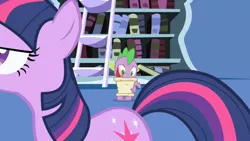 Size: 1280x720 | Tagged: safe, derpibooru import, screencap, spike, twilight sparkle, dragon, pony, unicorn, friendship is magic, bookshelf, feather, ladder, letter, male, paper, parchment, quill, twilight's canterlot home, unicorn twilight