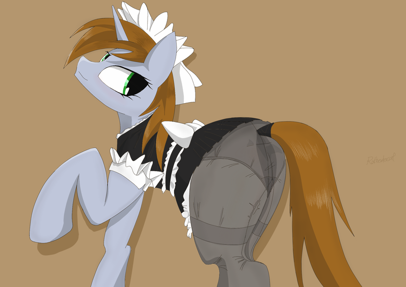 Size: 2039x1440 | Tagged: artist needed, suggestive, derpibooru import, oc, oc:littlepip, pony, unicorn, fallout equestria, fanfic, brown background, brown mane, butt, clothes, fanfic art, female, hooves, horn, looking at you, maid, maid headdress, mare, pipbutt, plot, raised hoof, raised leg, simple background, solo