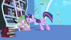 Size: 1280x720 | Tagged: safe, derpibooru import, screencap, spike, twilight sparkle, dragon, pony, unicorn, friendship is magic, book, bookshelf, feather, hooves, ladder, letter, male, paper, parchment, quill, twilight's canterlot home, unicorn twilight, window