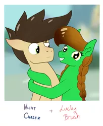 Size: 881x1081 | Tagged: safe, artist:dyonys, derpibooru import, oc, oc:lucky brush, oc:night chaser, unofficial characters only, earth pony, pony, female, hug, looking at you, male, mare, photo, stallion