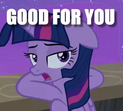 Size: 608x548 | Tagged: safe, derpibooru import, edit, edited screencap, screencap, twilight sparkle, twilight sparkle (alicorn), alicorn, pony, once upon a zeppelin, annoyed, caption, cropped, good for you, grumpy, image macro, markiplier, meme, reaction image, sarcasm, solo, text, uninterested