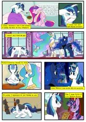 Size: 955x1350 | Tagged: safe, artist:teabucket, deleted from derpibooru, derpibooru import, princess cadance, princess celestia, princess luna, shining armor, twilight sparkle, alicorn, pony, unicorn, comic:satisfaction guaranteed, apologetic, apology, blushing, book, comic, crying, exercise, female, floppy horn, food, golden oaks library, horn, lotus position, male, mare, meditating, potion, princess cadance is always horny, sad, scrunchy face, sick, smiling, soup, stallion, thermometer, training montage