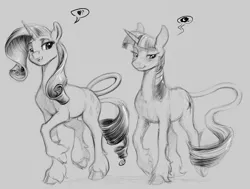 Size: 1181x895 | Tagged: safe, artist:amarynceus, deleted from derpibooru, derpibooru import, rarity, twilight sparkle, classical unicorn, pony, unicorn, blushing, cloven hooves, duo, female, gray background, grayscale, hoof fluff, hooves, implied lesbian, implied shipping, implied twiluna, leonine tail, long feather, mare, monochrome, raised hoof, raised leg, realistic horse legs, simple background, unicorn twilight, unshorn fetlocks