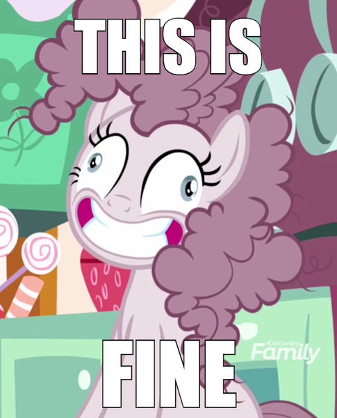 Size: 600x742 | Tagged: safe, derpibooru import, edit, edited screencap, screencap, pinkie pie, pony, yakity-sax, blatant lies, caption, contemplating insanity, cropped, derp, discovery family logo, faic, grin, image macro, meme, pinkamena diane pie, smiling, solo, text, this is fine