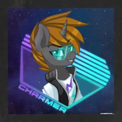 Size: 2000x2000 | Tagged: safe, artist:ciderpunk, derpibooru import, oc, oc:charmer, unofficial characters only, pony, unicorn, clothes, glasses, synthwave, vest