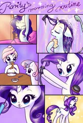 Size: 2300x3400 | Tagged: safe, artist:katputze, derpibooru import, rarity, sweetie belle, pony, unicorn, armpits, bed mane, bread, cereal, comic, croissant, female, filly, food, hooves, loofah, mare, messy mane, morning ponies, raised hoof, raised leg, routine, shower