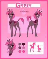 Size: 2481x3047 | Tagged: safe, artist:peridotkitty, derpibooru import, oc, oc:gypsy, unofficial characters only, changeling, changeling oc, curved horn, dock, forked tongue, horn, mandibles, pink changeling, reference, reference sheet, size chart, size comparison, solo, tongue out