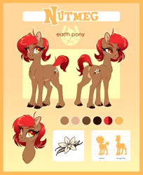 Size: 2481x3047 | Tagged: safe, artist:peridotkitty, derpibooru import, oc, oc:nutmeg, unofficial characters only, earth pony, pony, cutie mark, dock, female, hooves, mare, reference, reference sheet, size chart, size comparison, solo, tongue out