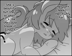 Size: 1625x1265 | Tagged: safe, artist:lockhe4rt, derpibooru import, oc, oc:anonfilly, unofficial characters only, earth pony, pony, ..., bed, blushing, cute, dialogue, female, filly, grayscale, monochrome, ocbetes, sleeping, text