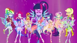 Size: 1280x719 | Tagged: safe, artist:ani80, derpibooru import, applejack, fluttershy, pinkie pie, rainbow dash, rarity, sci-twi, sunset shimmer, twilight sparkle, fairy, human, equestria girls, legend of everfree, aisha, bloom (winx club), boots, bracelet, clothes, crossover, crystal guardian, crystal wings, fairies, fairies are magic, fairy wings, flora (winx club), geode of empathy, geode of fauna, geode of shielding, geode of sugar bombs, geode of super speed, geode of super strength, geode of telekinesis, gloves, high heel boots, high heels, humanized, jewelry, layla, magical geodes, musa, necklace, ponied up, rainbow s.r.l, roxy (winx club), shoes, stella (winx club), super ponied up, tecna, transformation, tynix, winged humanization, wings, winx club