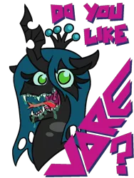 Size: 900x1200 | Tagged: suggestive, artist:threetwotwo32232, derpibooru import, queen chrysalis, changeling, pony, dialogue, drool, female, fetish, graphic design, looking at you, mare, open mouth, question, sharp teeth, simple background, solo, t shirt design, teeth, transparent background, vore